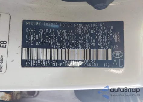 2010 Toyota Corolla Le из США, поврежденный, VIN 2T1BU4EE2AC390339